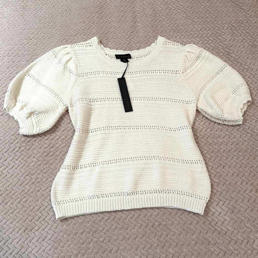 HOUSE OF HARLOW 1960 Knit Sweater Top Womens Size L Cream Short Puff Sleeve